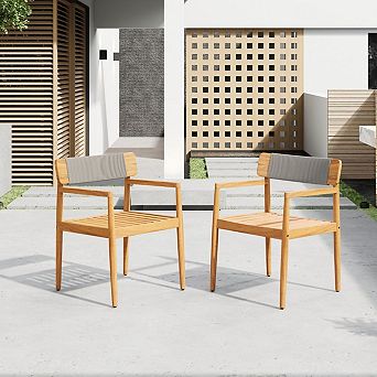 Set of 2 Rope Outdoor Dining Chairs, 31-Inch Acacia Wood Garden Armchairs, Teak Finish