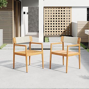 Set of 2 Rope Outdoor Dining Chairs, 31-Inch Acacia Wood Garden Armchairs, Teak Finish