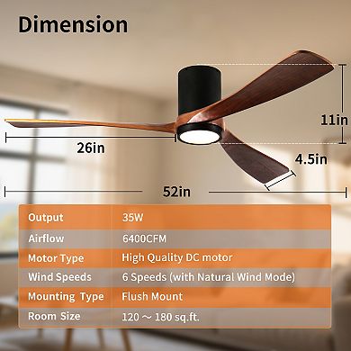 Modern 3 Wood Blades Flush Mount Standard Ceiling Fan with Integrated LED and Remote