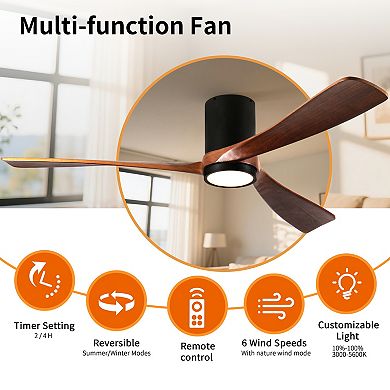 Modern 3 Wood Blades Flush Mount Standard Ceiling Fan with Integrated LED and Remote
