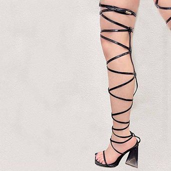 Lace-Up Knee High Strappy Sandal with Open Toe and Block Heel