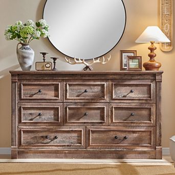 61" Wide Farmhouse 8 Drawer Dresser, Rustic Wood Storage Dresser for Bedroom or Living Room