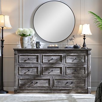 61" Wide Farmhouse 8 Drawer Dresser, Rustic Wood Storage Dresser for Bedroom or Living Room