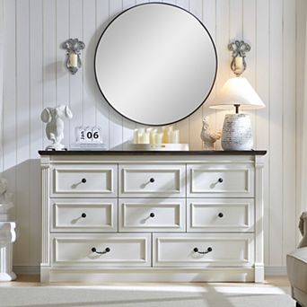 61" Wide Farmhouse 8 Drawer Dresser, Rustic Wood Storage Dresser for Bedroom or Living Room