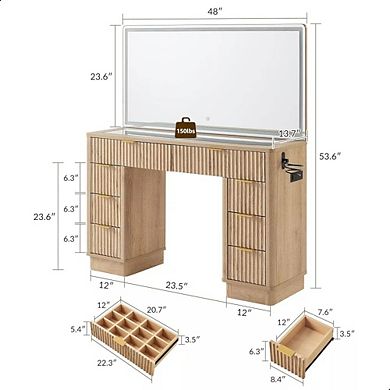 48" Fluted Makeup Vanity Desk with Large Mirror, Glass Top Vanity with Drawers & Charging Station