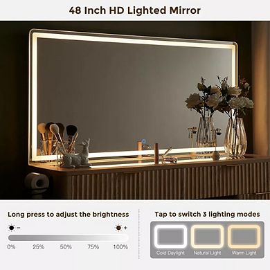 48" Fluted Makeup Vanity Desk with Large Mirror, Glass Top Vanity with Drawers & Charging Station