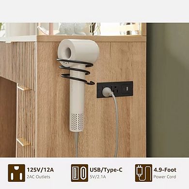 48" Fluted Makeup Vanity Desk with Large Mirror, Glass Top Vanity with Drawers & Charging Station