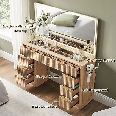 48" Fluted Makeup Vanity Desk with Large Mirror, Glass Top Vanity with Drawers & Charging Station