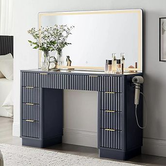 48" Fluted Makeup Vanity Desk with Large Mirror, Glass Top Vanity with Drawers & Charging Station