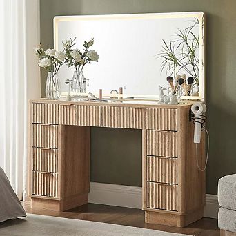 48" Fluted Makeup Vanity Desk with Large Mirror, Glass Top Vanity with Drawers & Charging Station