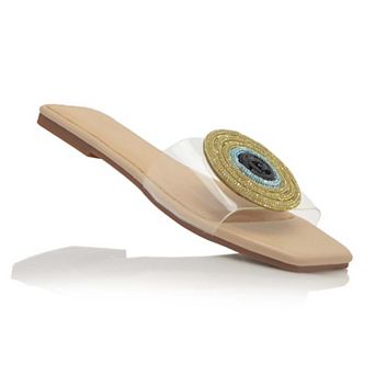 Slip-On Sandal with Beaded Disc Embellishment and Square Toe