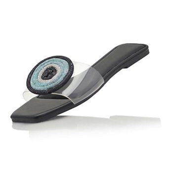 Slip-On Sandal with Beaded Disc Embellishment and Square Toe