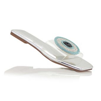 Slip-On Sandal with Beaded Disc Embellishment and Square Toe
