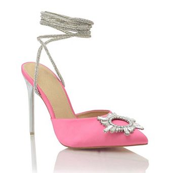 Rhinestone Wrap Strap Pointed Toe Stiletto Heel Mule Pump