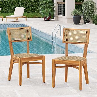 37 in Rustic Acacia Wood Outdoor Dining Chair Set Of 2, Light Brown Woven Rattan Back Chair