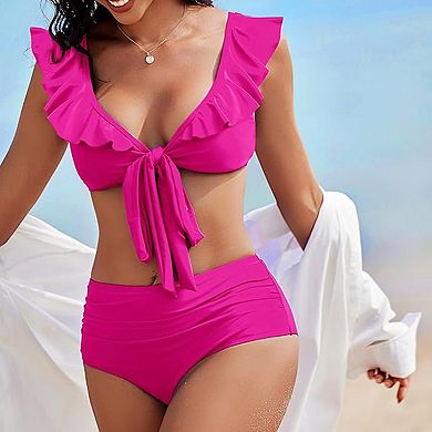 Women's Two Piece Bikini Set Ruffle Sleeve Deep V High Waisted Tummy Control Swimwear