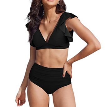Women's Two Piece Bikini Set Ruffle Sleeve Deep V High Waisted Tummy Control Swimwear