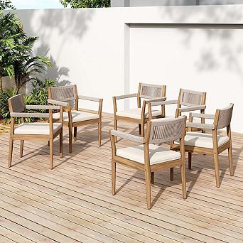 Set of 6 Acacia Wood Outdoor Dining Chairs, 32" Woven Rope Patio Seating Cushions