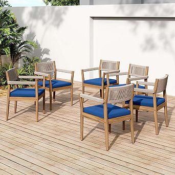 Set of 4 Acacia Wood Outdoor Dining Chairs, 32" Woven Rope Patio Seating Cushions