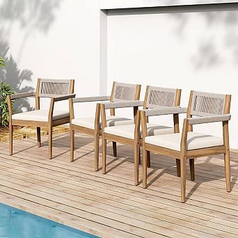 Set of 4 Acacia Wood Outdoor Dining Chairs, 32" Woven Rope Patio Seating Cushions
