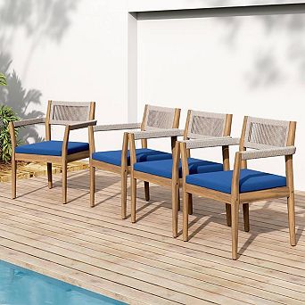 Set of 4 Acacia Wood Outdoor Dining Chairs, 32" Woven Rope Patio Seating Cushions