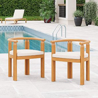 Set Of 2 Acacia Wood Armrest Outdoor Dining Chairs, Teak Finish Patio Chair with Beige Cushion