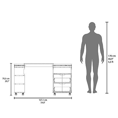 San Diego 54" Wide Two Drawer Expandable Desk With Seven Shelves And Casters