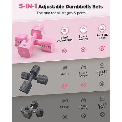 FED FITNESS 5-in-1 Adjustable Dumbbell Set of 2, 1pair 6LBS Hand Weights for Women