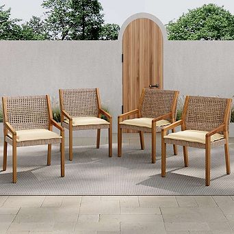 Wicker Outdoor Dining Chairs, 32-Inch Acacia Wood Patio Furniture with Cream Cushion