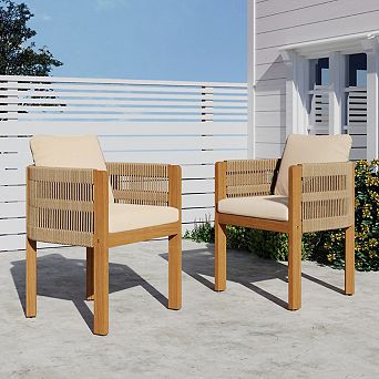 Set Of 2 Outdoor Patio Dining Chairs, Acacia Wood Frame With Rope, Waterproof Cushion