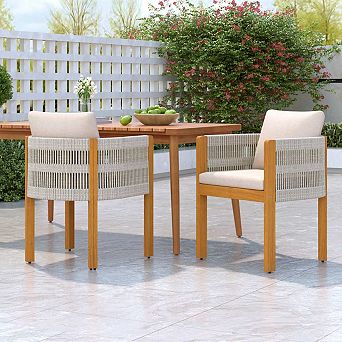 Set Of 2 Outdoor Patio Dining Chairs, Acacia Wood Frame With Rope, Waterproof Cushion