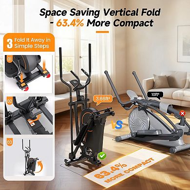 FED FITNESS Foldable Elliptical Machine Only 2 sq ft, 15IN Stride Folding Elliptical for Home