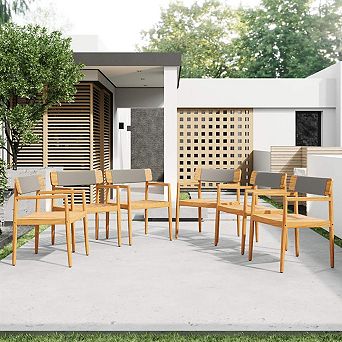 Set of 4 Rope Outdoor Dining Chairs, 31-Inch Acacia Wood Garden Armchairs, Teak Finish