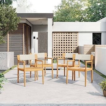 Set of 4 Rope Outdoor Dining Chairs, 31-Inch Acacia Wood Garden Armchairs, Teak Finish