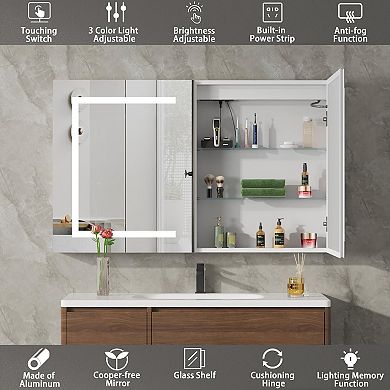 LED Medicine Cabinet with Mirror for Bathroom,Defog, Stepless Dimming, 3 Colors, 2 Outlets, 2USB