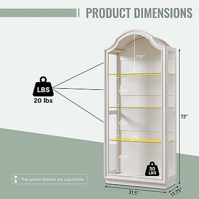 72" Arched Glass Display Cabinet, 4-Tier Display Curio Cabinet, Modern Display Case Shelf