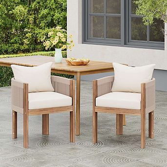 Acacia Wood Rope Patio Dining Chairs Set of 2, Teak Finish Outdoor Armchairs with Beige Cushion