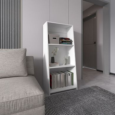 Note 47" tall ladder bookcase with open shelves, slanted modern design, space-saving vertical.