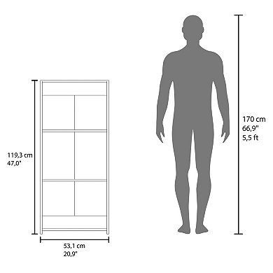 Note 47" tall ladder bookcase with open shelves, slanted modern design, space-saving vertical.