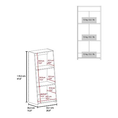 Note 47" tall ladder bookcase with open shelves, slanted modern design, space-saving vertical.