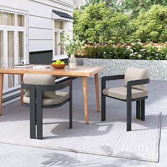 Aluminum Outdoor Dining Chair Set of 2, Rust Resistant Black Frame with Cushion