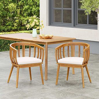 Set Of 2 Curved Patio Dining Armchairs, Solid Acacia Wood Frame, Beige Fabric Upholstered Seat