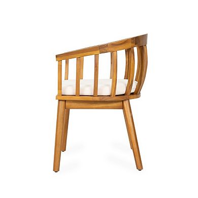 Set Of 2 Curved Patio Dining Armchairs, Solid Acacia Wood Frame, Beige Fabric Upholstered Seat