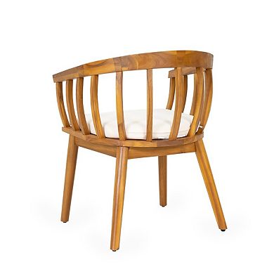 Set Of 2 Curved Patio Dining Armchairs, Solid Acacia Wood Frame, Beige Fabric Upholstered Seat