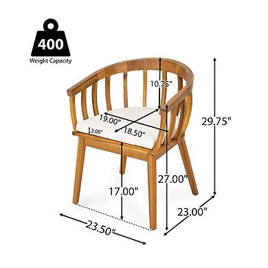 Set Of 2 Curved Patio Dining Armchairs, Solid Acacia Wood Frame, Beige Fabric Upholstered Seat