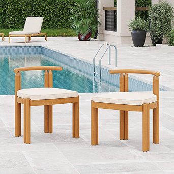 Set Of 2 Teak Finish Acacia Wood Patio Dining Chairs, Armless Garden Chair with Beige Cushion Seat