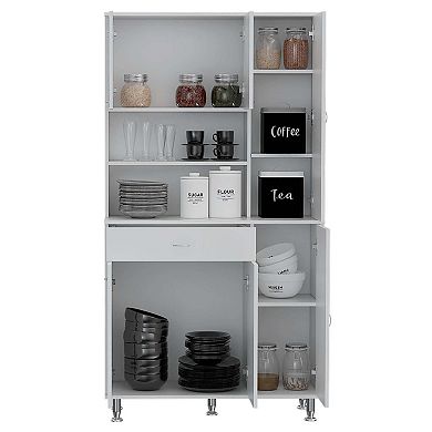 Della 90 Kitchen Pantry, One Drawer, Multiple Cabinets, Two Open Shelves