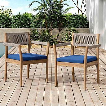 Set of 2 Acacia Wood Outdoor Dining Chairs, 32" Woven Rope Patio Seating Cushions
