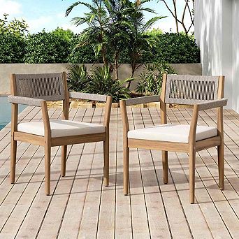 Set of 2 Acacia Wood Outdoor Dining Chairs, 32" Woven Rope Patio Seating Cushions