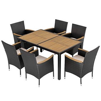 Outdoor 7 pc Acacia Wood Wicker Patio Dining Set with Cushions, Black